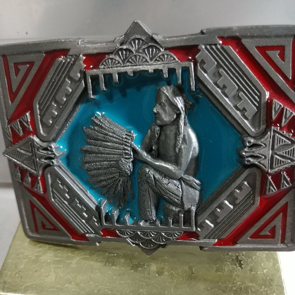 🌋Indian Belt Buckle Fine Pewter 1990 Made In The USA # 1483 by C& J Inc.